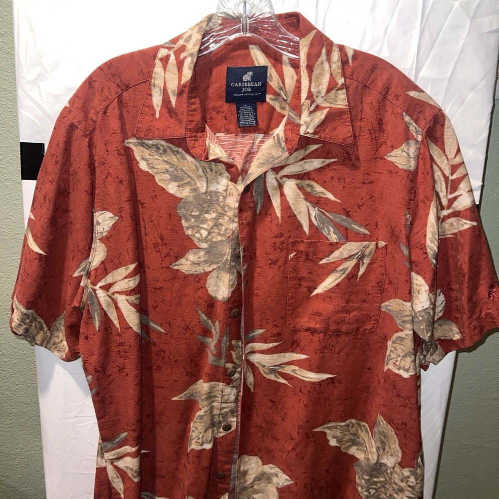 Caribbean Joe Mens Hawaiian Tropical S/S 100% Silk  Button Up Shirt L